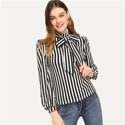 SHEIN элегантный черный и белый стоячий воротник галстук шеи полосатый топ Женская Осенняя однотонная рабочая одежда выходные повседневные минималистичные блузки - Цвет: Black and White