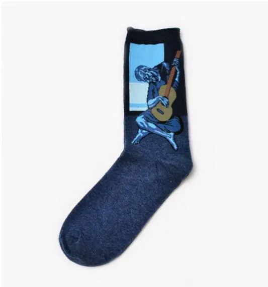 W029 Blue guitar Осень-зима, новинка, 3D Ретро стиль, художественные носки, унисекс, для женщин и мужчин, забавные, новинка, звездная ночь, винтажные носки, масляные, счастливые носки, хит - Цвет: W029 Blue guitar