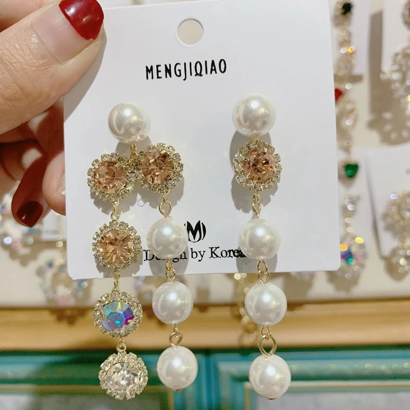 MENGJIQIAO корейские новые шикарные хрустальные серьги в форме сердца с длинной кисточкой для женщин элегантные жемчужные подвески ювелирные изделия