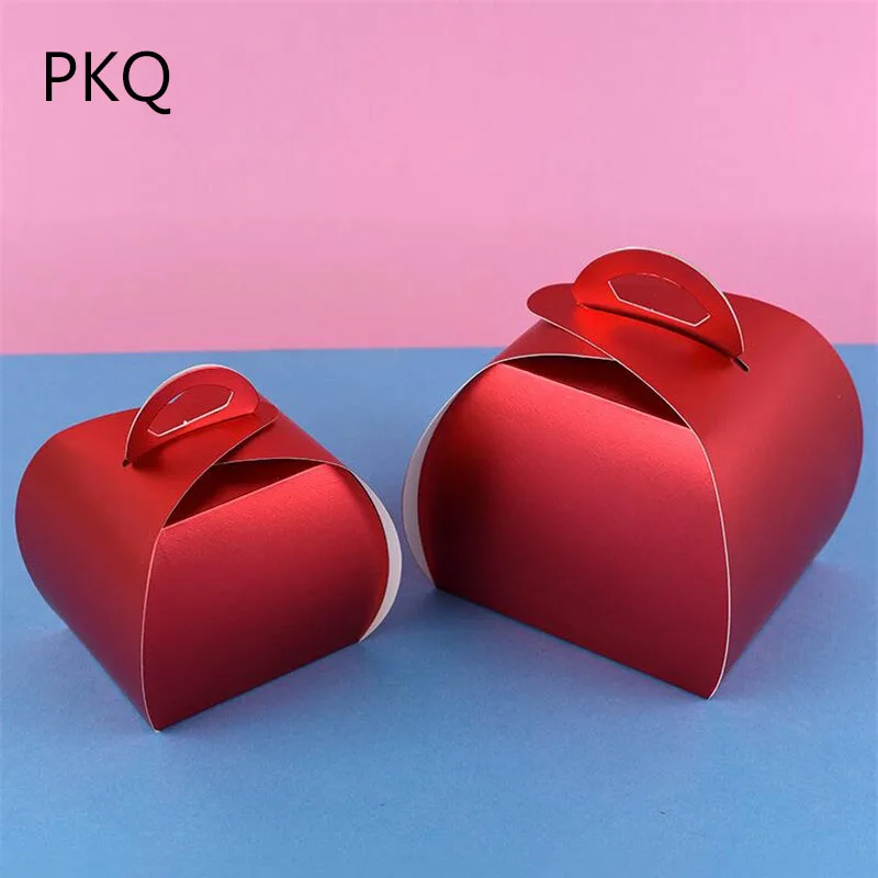Красный 50 шт./лот, Новое поступление, картон плотностью 300 г/м2 бумажные коробки для кексов, Золотая/красная/синяя/черная коробка для упаковки тортов с ручкой 10/8 - Цвет: Красный
