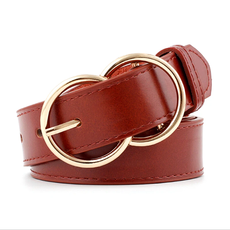 

Women Double Ring Belt Fashion Gold Buckle Waist Belts For Lady Jeans Skinny Thin Leather Straps