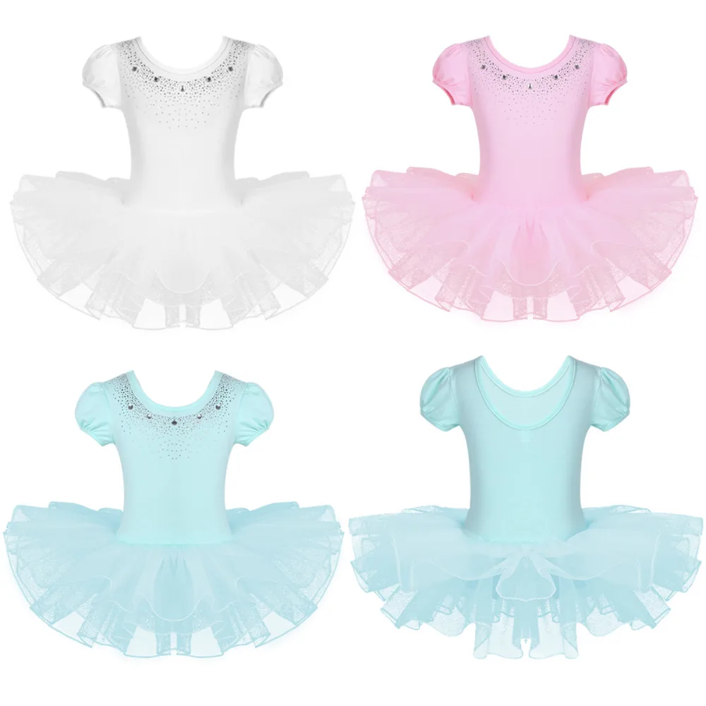 iiniim Kids Mesh Bubble Sleeves Sparkly Rhinestones Ballet Dance Tutu Dress for Child Gymnastics Leotard Costumes Party | Детская одежда