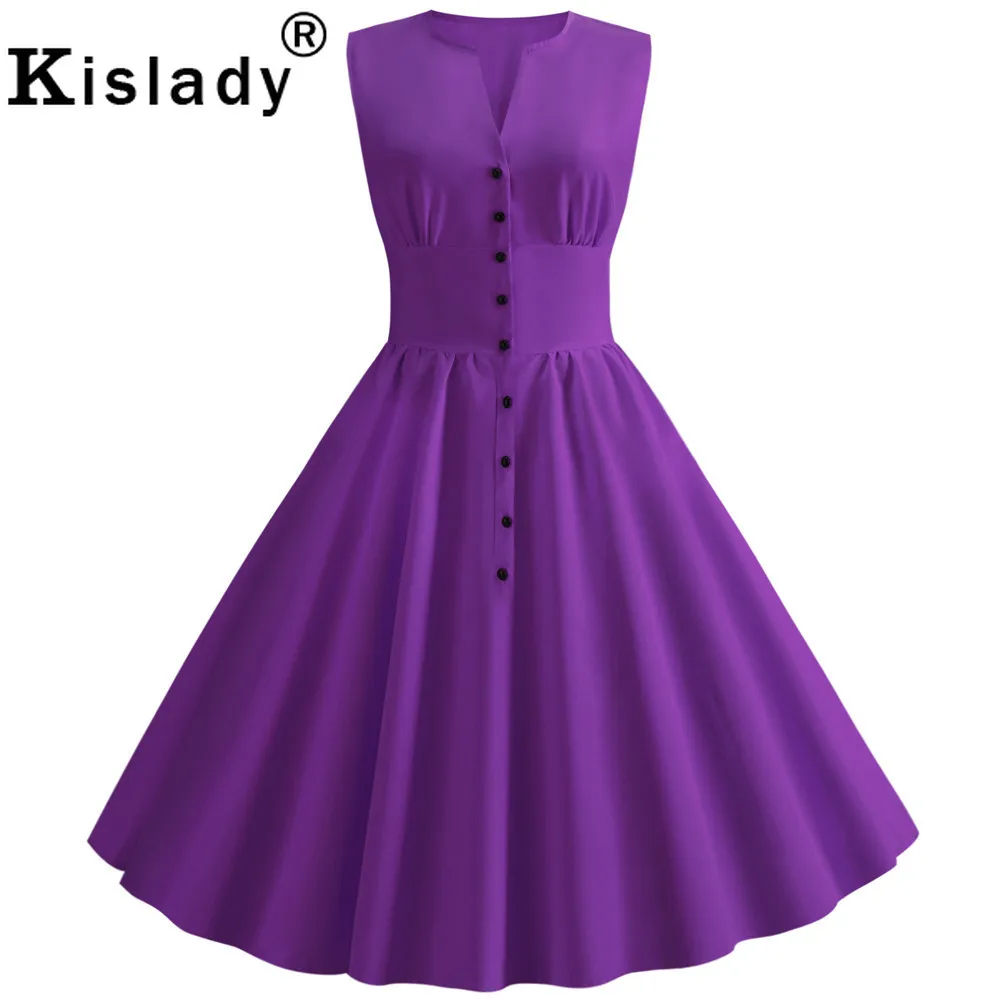 Summer Women's Button Vintage Dress 50s Sweet Casual Sleeveless Swing Retro Rockabilly Slim Party Yellow Robe Femme | Женская одежда