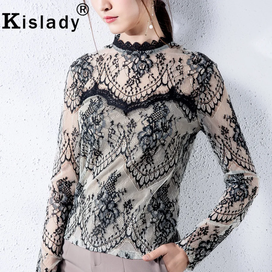 Кружевная блузка kisady кружевная с длинным рукавом в стиле пэтчворк прозрачный топ