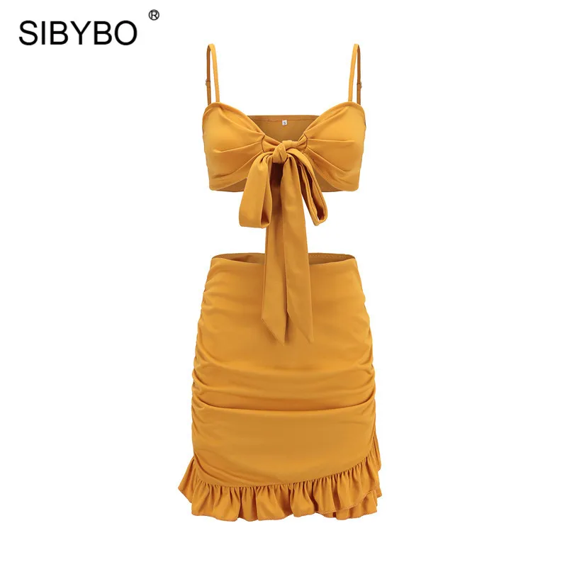 Цвет: желтый Женское боди с оборками и бантом Sibybo, на бретельках спагетти с v-образным вырезом без рукавов, комплект из двух частей на лето, мини-платье для клубной вечеринки - Цвет: Цвет: желтый