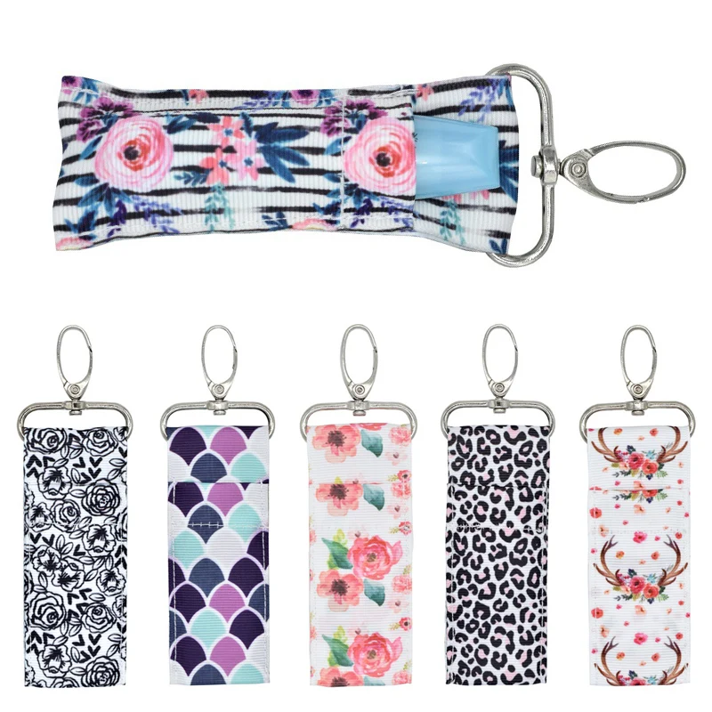 

1 PC Feminine Fashion Key Ring Printed Stripe Flower Key Ring Storage Colorless Lipstick Candlestick Bag Portable Key Ring