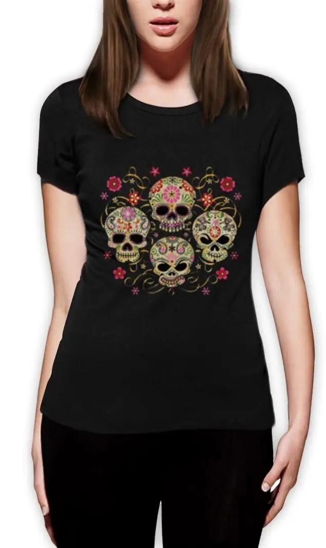 Печать Футболки Оригинальные Короткие Женщины Новый Стиль Экипаж Шеи Dia De Muertos