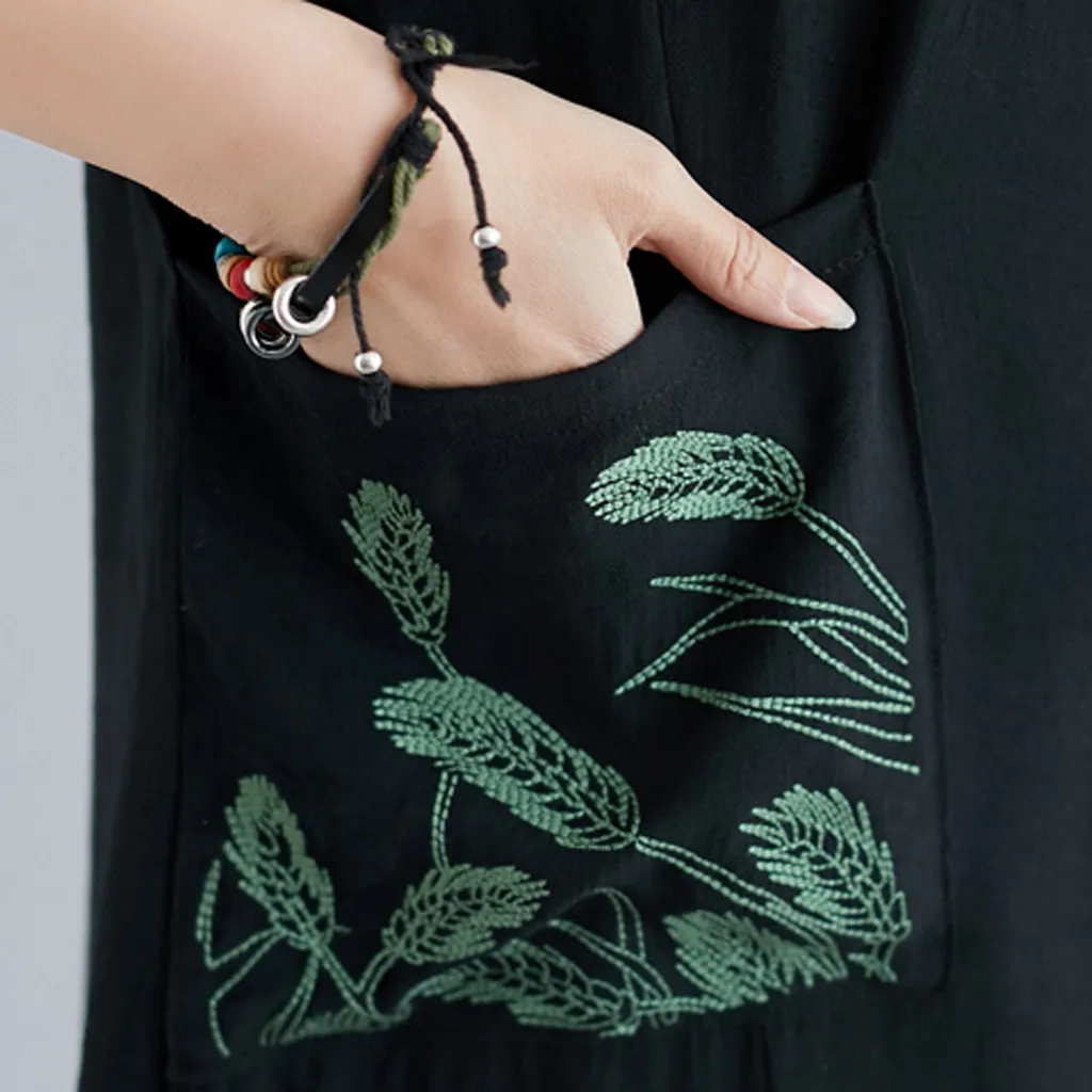 Женское хлопковое льняное платье с короткими рукавами и вышивкой накладным