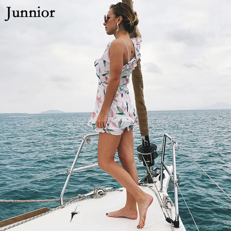 Junnior Asymmetrical Sleeve Chiffon Dress for Women Mini Floral Beach Wear V-neck High Waist Holiday Boho Dresses Modis Mujer | Женская