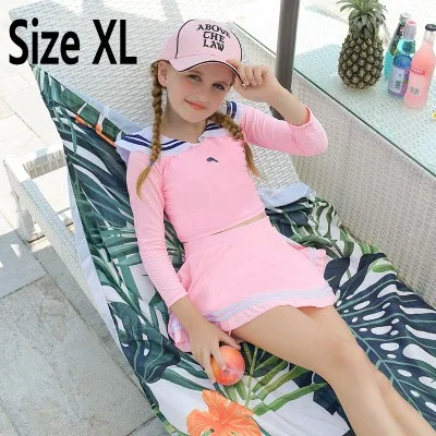 Pink XL Новинка года, одежда для купания для девочек купальный комплект из 2 предметов, топы с длинными рукавами в морском стиле, одежда для купания в полоску купальный костюм для младенцев От 4 до 10 лет - Цвет: Pink XL