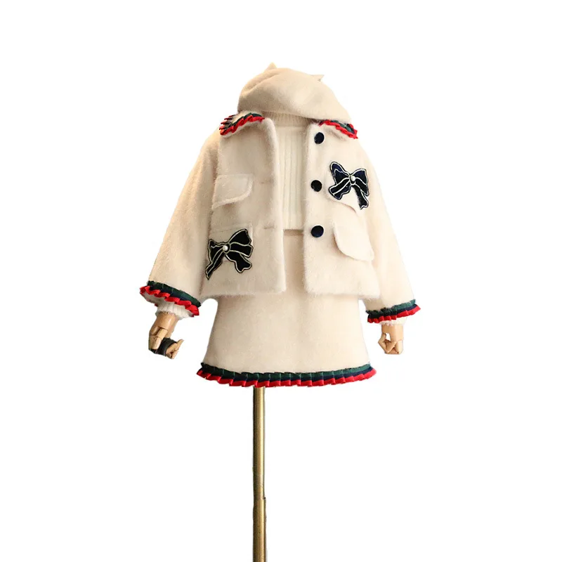 2018 winter new children's clothing for girls ladies blank wind ribbon bow short coat design skirt suit | Детская одежда и