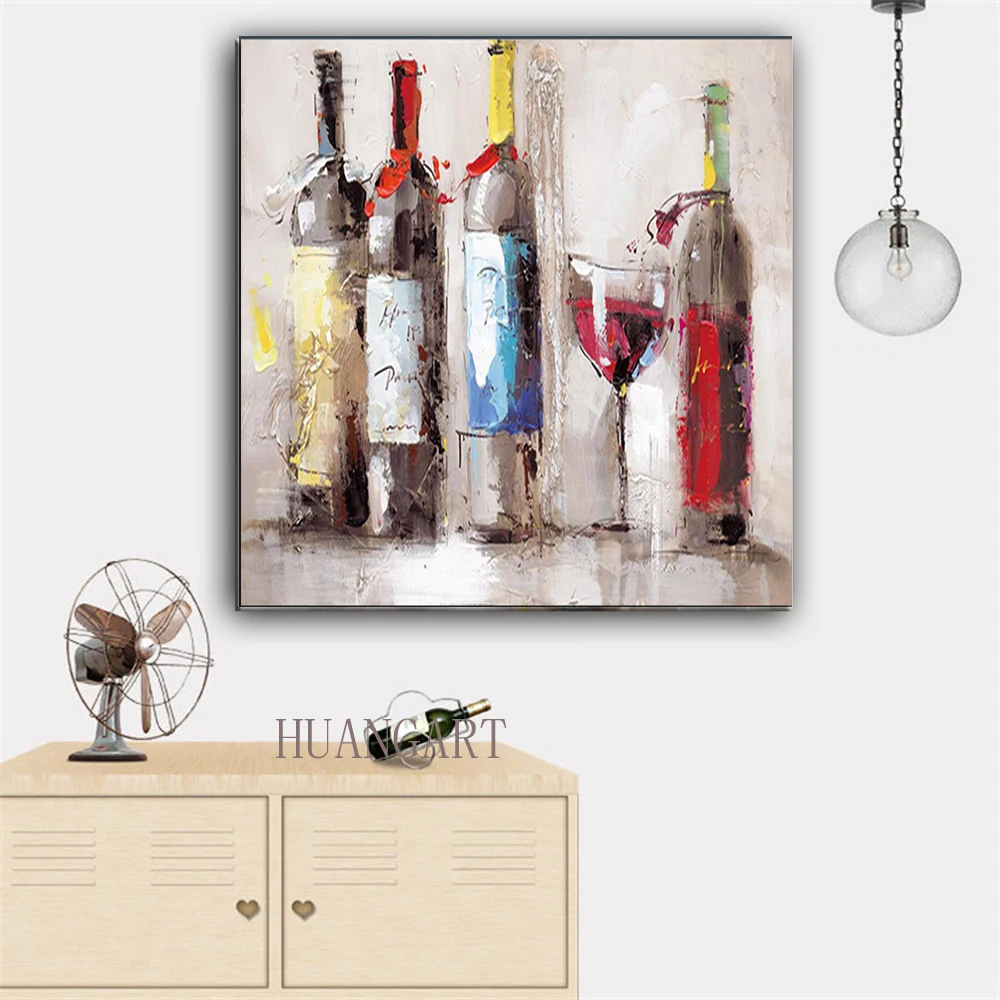 100% Handmade High Quality Abstract Colorful Bottles Oil Painting on Canvas Modern Wine Bottle Picture For kitchen | Дом и сад