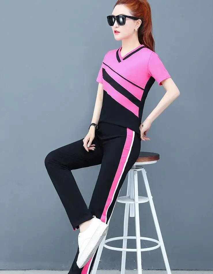 Rlyaeiz Korean 2019 Summer Fashion 2 Piece Set Women Tracksuit Casual Striped Color Patchwork T shirt + Pants Sporting Wear 4XL | Женская