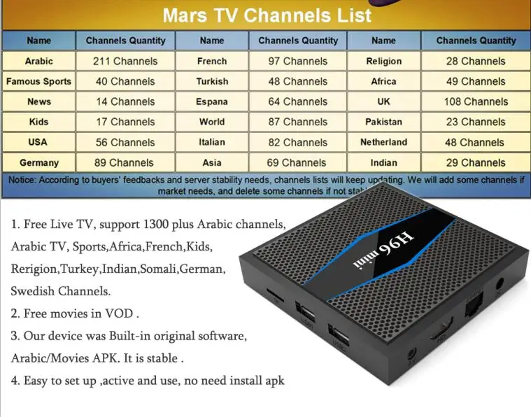 Хорошая Арабский IP tv box H.265 Android iptv-приставка арабский подписка 1300 каналов не Ежемесячная плата Mars ТВ 4 K Android ТВ смотреть фильмы