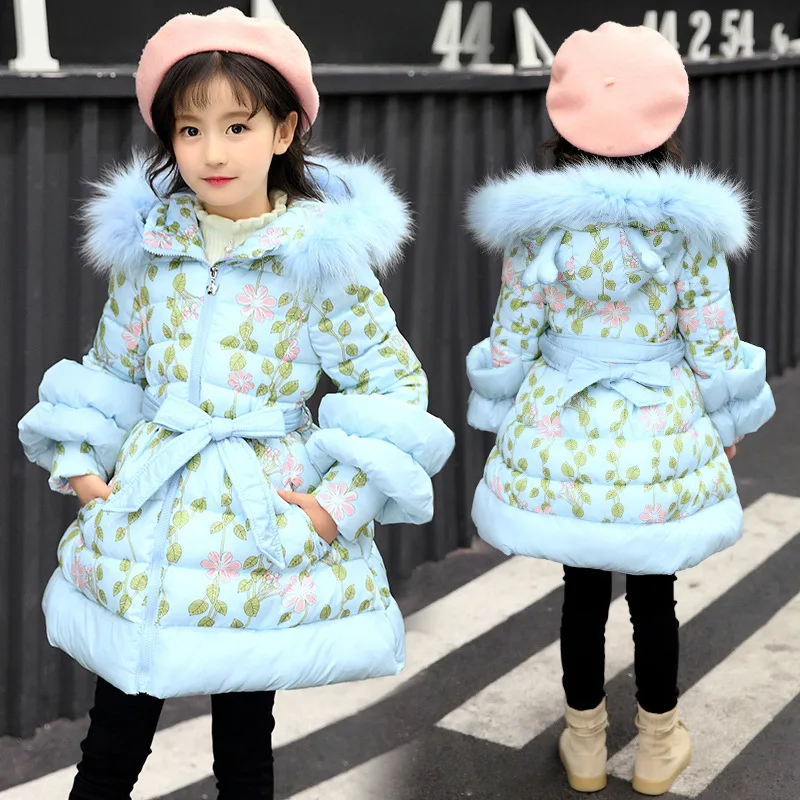 baby blue Зимнее длинное милое теплое хлопковое пальто с капюшоном для девочек Детская тонкая одежда с принтом детская ветрозащитная куртка с большим меховым воротником - Цвет: baby blue