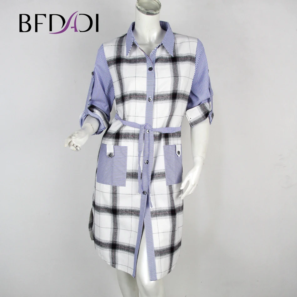 BFDADI горячая распродажа Женские Длинные Топы и блузки Женский повседневное плед с