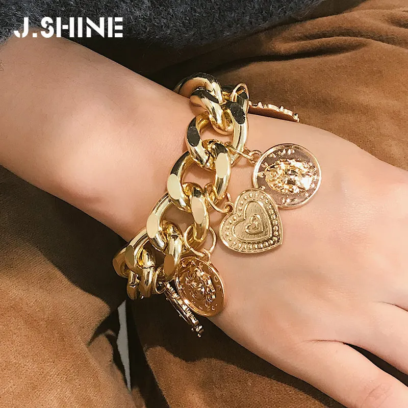 

JShine преувеличенный хип-хоп монета с портретом Подвески Браслет Панк модные ювелирные изделия шармы манжета толстая цепочка на руку женский...