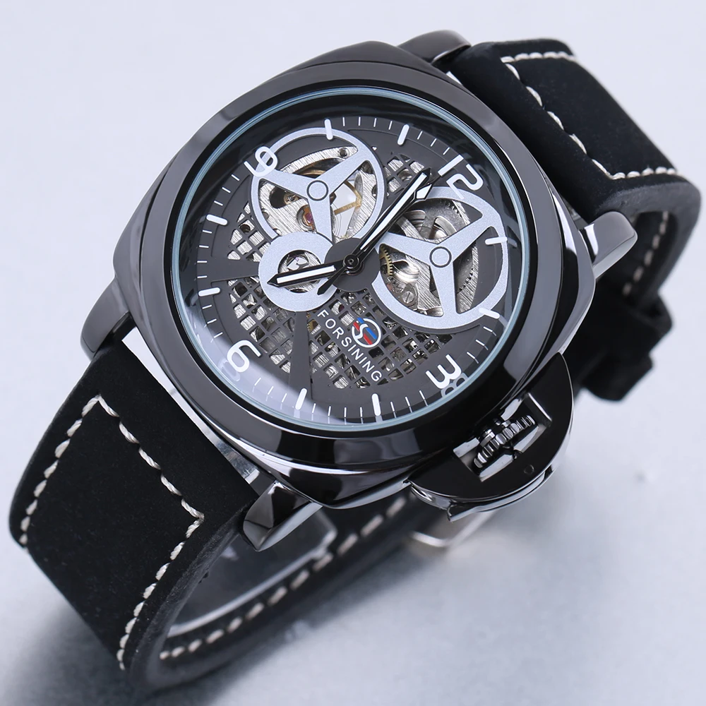 FORSINING новые черные мужские часы с скелетом итальянские античные ремешком из