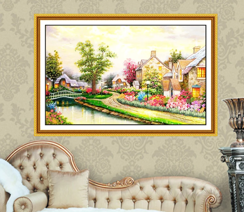 Красивый пейзаж шелковая ленточная вышивка 3D холст картина сатин крестиком