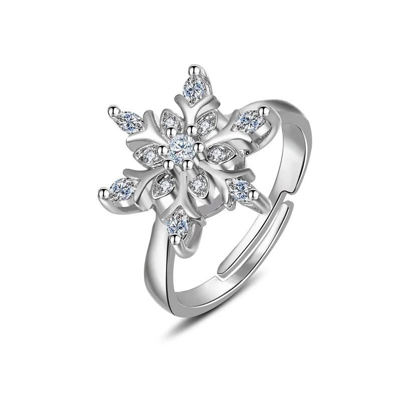 Женское кольцо с цирконием белое Открытое со снежинками и цветком для дня
