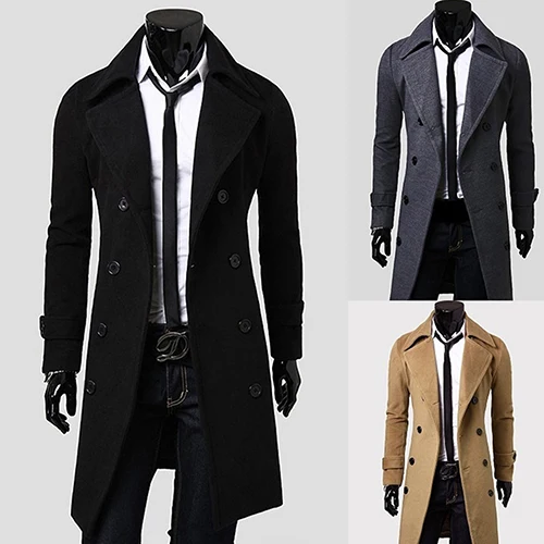 Мужской повседневный модный теплый двубортный длинный плащ Пыльник пиджак на