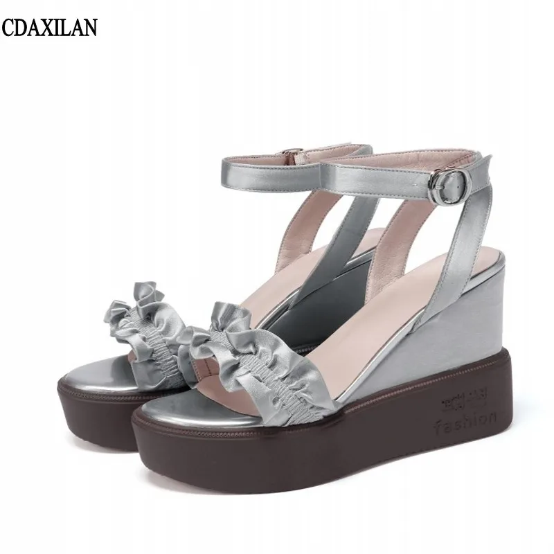 

CDAXILAN new arrivals sandals women satin cloth wedge ankle wrap buckle strap platform super high heel sandals silver golden