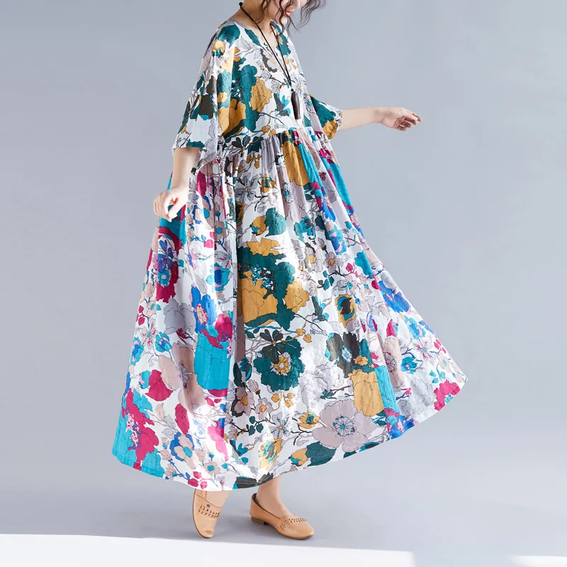 Johnature новое повседневное женское платье большого размера с цветочным принтом