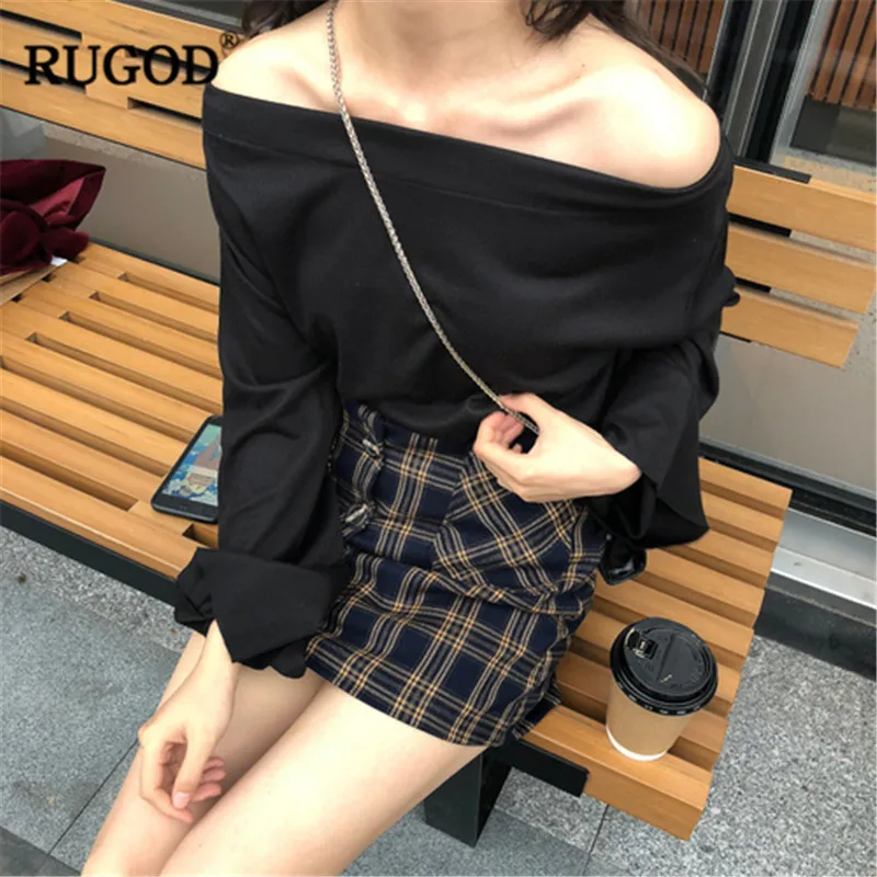 RUGOD/элегантные черные Блузы с открытыми плечами повседневные однотонные рубашки