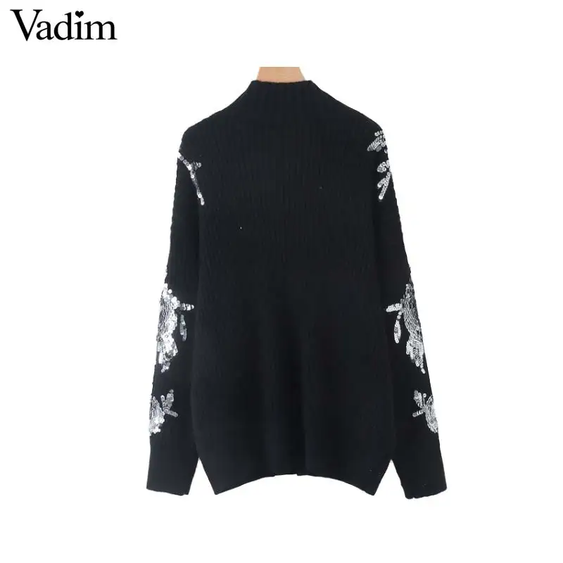 Vadim beading sequined loose knitted sweater floral pattern turtleneck long sleeve stretchy pullovers female retro tops HA225 | Женская