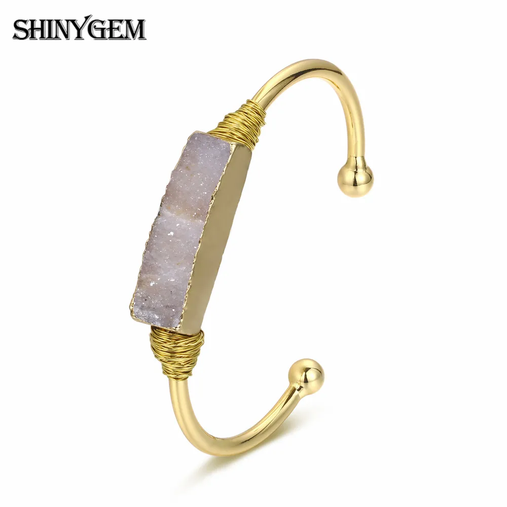 ShinyGem натуральный драгоценный камень Друза Открытый Браслет-манжета винтажная квадратная форма Очаровательный Хрустальный Браслет Ручной Работы Золотая проволока браслеты для женщин