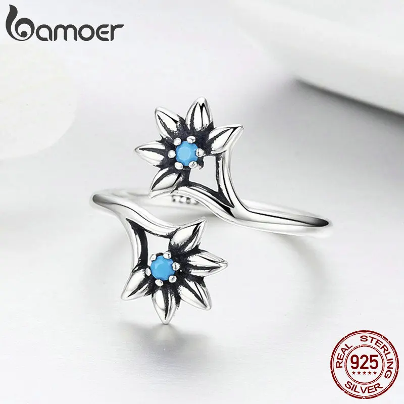 BAMOER, 925 пробы, серебряное, популярное, ромашка, цветок, голубой CZ, Женское кольцо, вечерние, для помолвки, ювелирное изделие, подарок, регулируемый размер SCR249