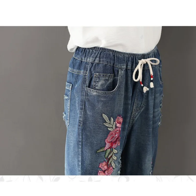 Брюки султанки женские джинсовые с вышивкой Модные свободные повседневные штаны
