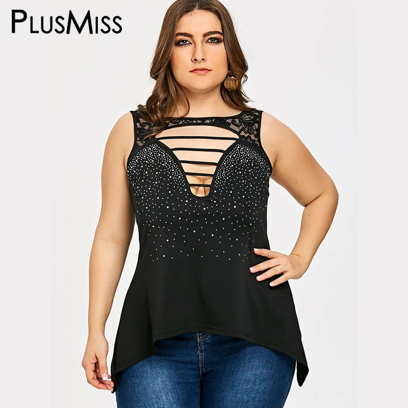 PlusMiss/большие размеры 5XL футболки без рукавов со стразами пикантные вечерние