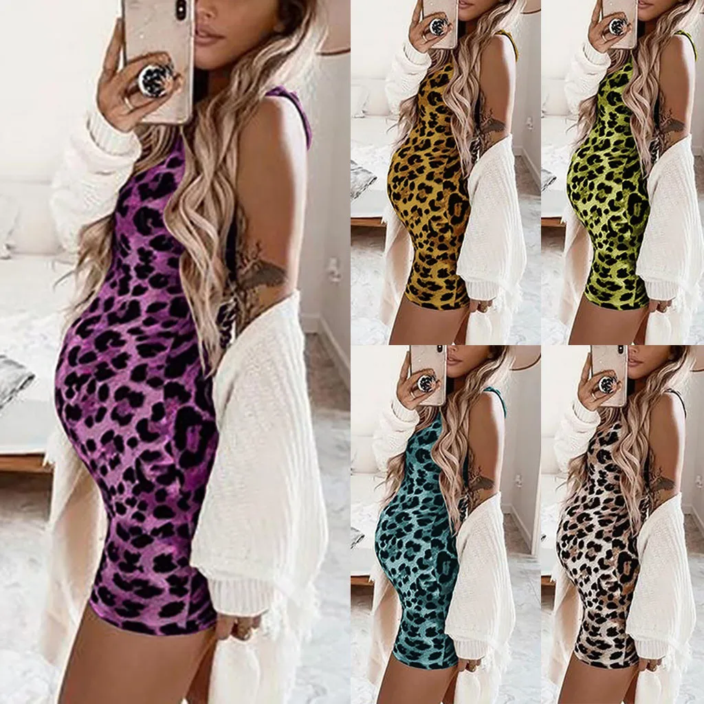 Платье для беременных женщин леопардовый принт без рукавов Летний мягкий