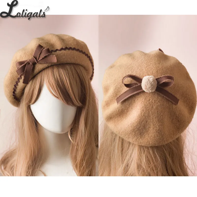 Camel Brown Сладкий женский Лолита Сейлор берет Готический шерстяной берет шляпа с милыми бантами для зимы - Цвет: Camel Brown