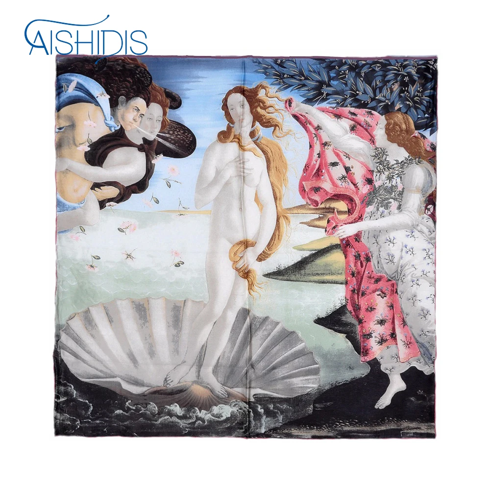 

Women Bandana Natural Silk Vintage Shawl Poncho Summer Scarf Square Size Famous Works Sandro Botticelli's "The Birth of Venus"
