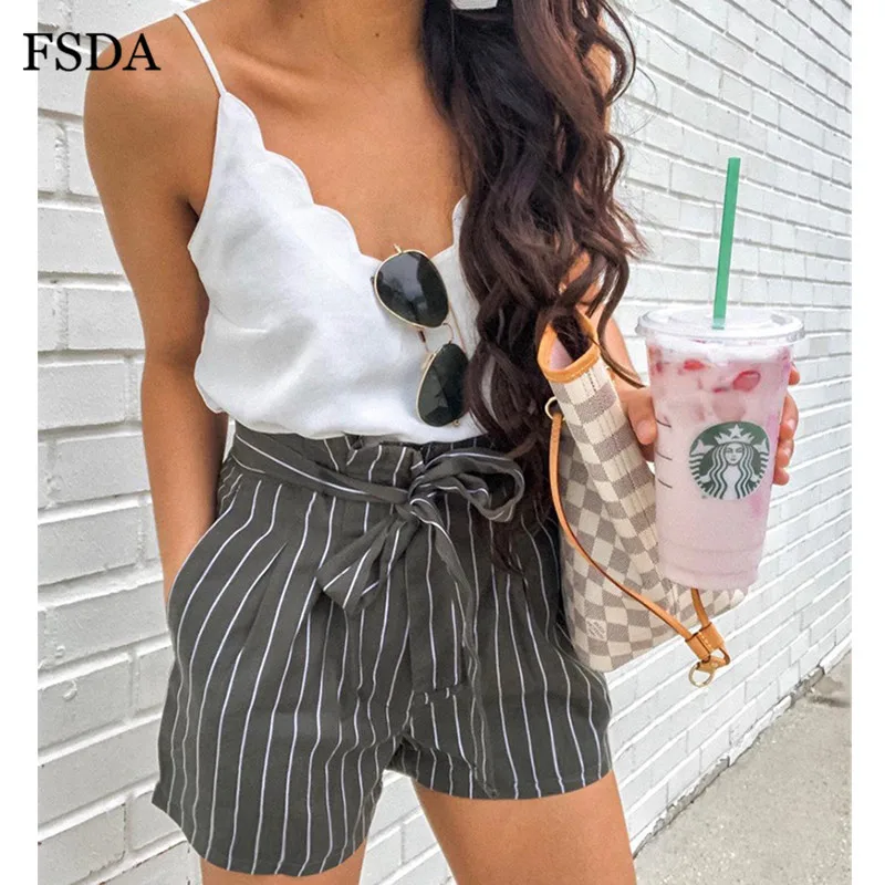 Женские шорты в полоску FSDA мини с высокой талией и карманами лето 2019|Женские