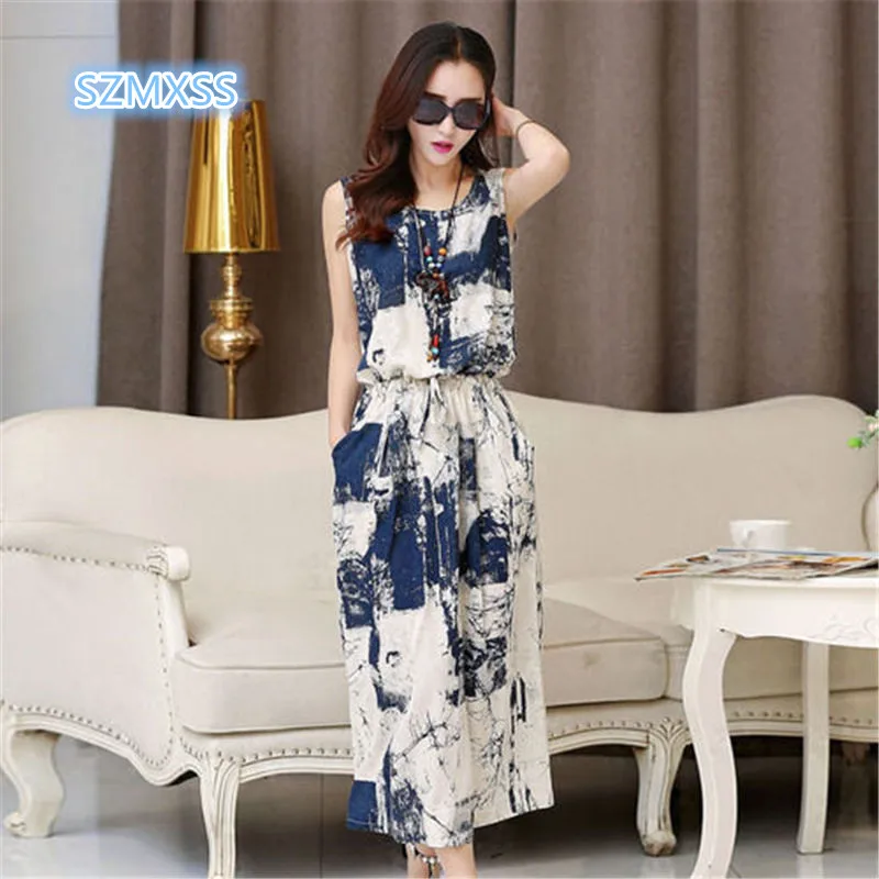 SZMXSS Summer dresses women Sleeveless Casual A-Line Adjust Waist Vintage Dress Female Cotton Linen Long Dresses vestidos | Женская