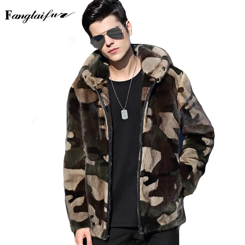 

Ftangaiur Winter Men Jacket Import Velvet Mink Fur Coat With Fur Hood Camouflage Men's Short Smart Causal Real Mink Coats