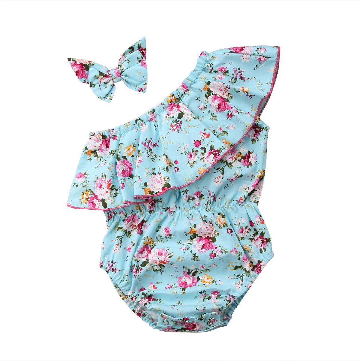 

Blue Ruffles Single Shoulder Bodysuits Newborn Infant Baby Girls Floral Bodysuit Jumpsuit Headband Sunsuit Outfits Summer
