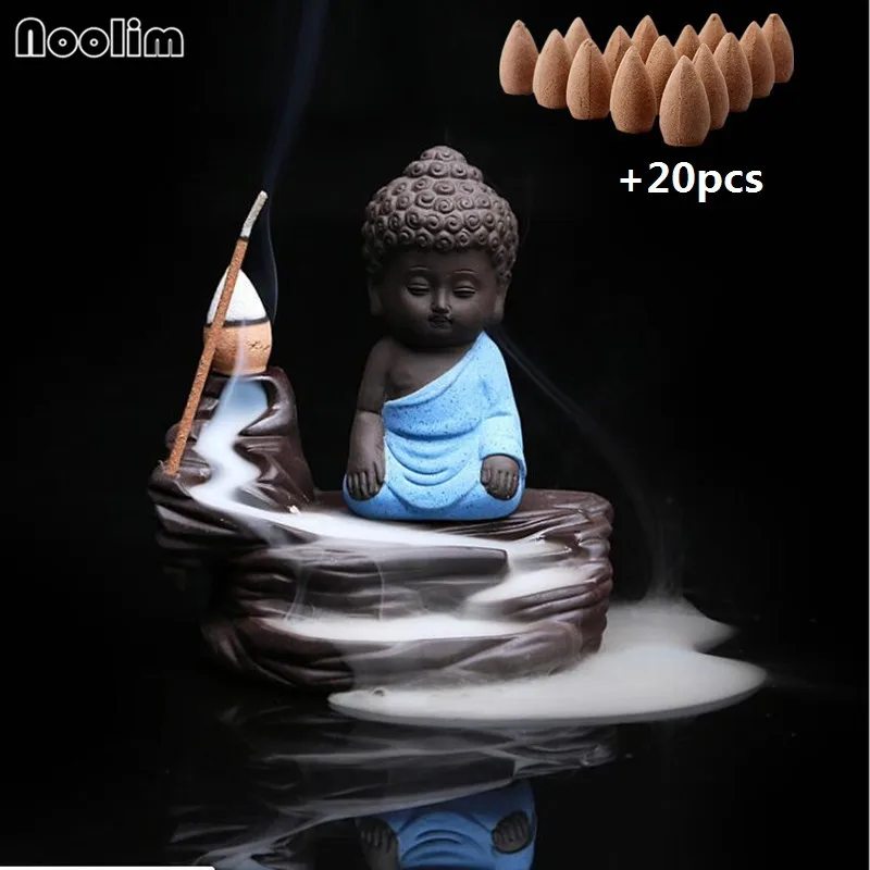 Blue Sandalwood Керамическая горелка для благовоний с обратным потоком маленький монах держатель для ароматических палочек домашний декор ароматерапия Будда курильница+ 20 штук благовоний - Цвет: Blue Sandalwood