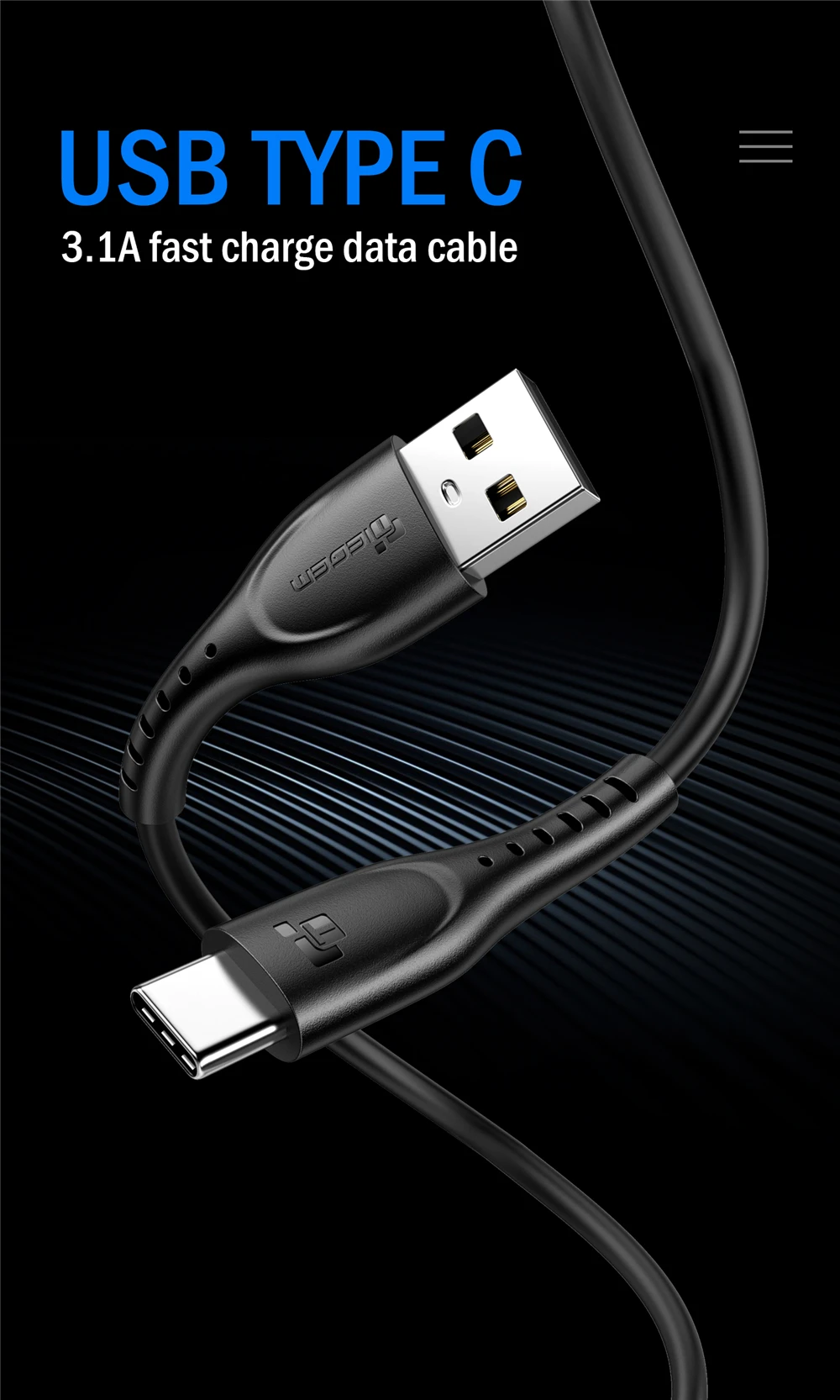 TIEGEM usb type-C кабель 3,1 A высокопрочный TPE USB C кабель для быстрой зарядки для samsung Galaxy S9 S8 Xiaomi 6 8 type-C USB-C