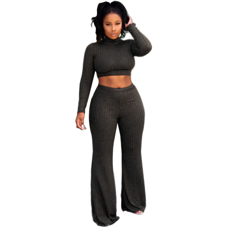 

Autumn Winter Turtleneck Long Sleeve Crop Top Wide Leg Casual Pants Knitted 2 Piece Set Rompers Tracksuit Black Plus Size Outfit