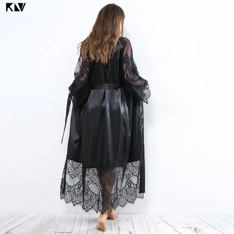 KLV однотонное шелковое нижнее белье халат для ванны Прозрачная кружевная ночная