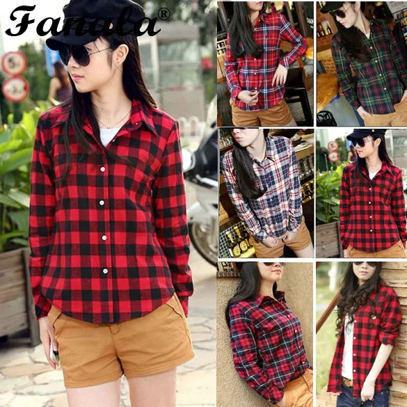 Женская Клетчатая блуза с длинным рукавом хлопковая Повседневная рубашка