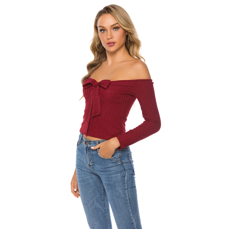 

Bow Knot Long-sleeved Tops Spring Off-the-shoulder Tee Shirts Summer Solid Color Tee Slim Fit Sexy Tops Sweet Girl Clothing