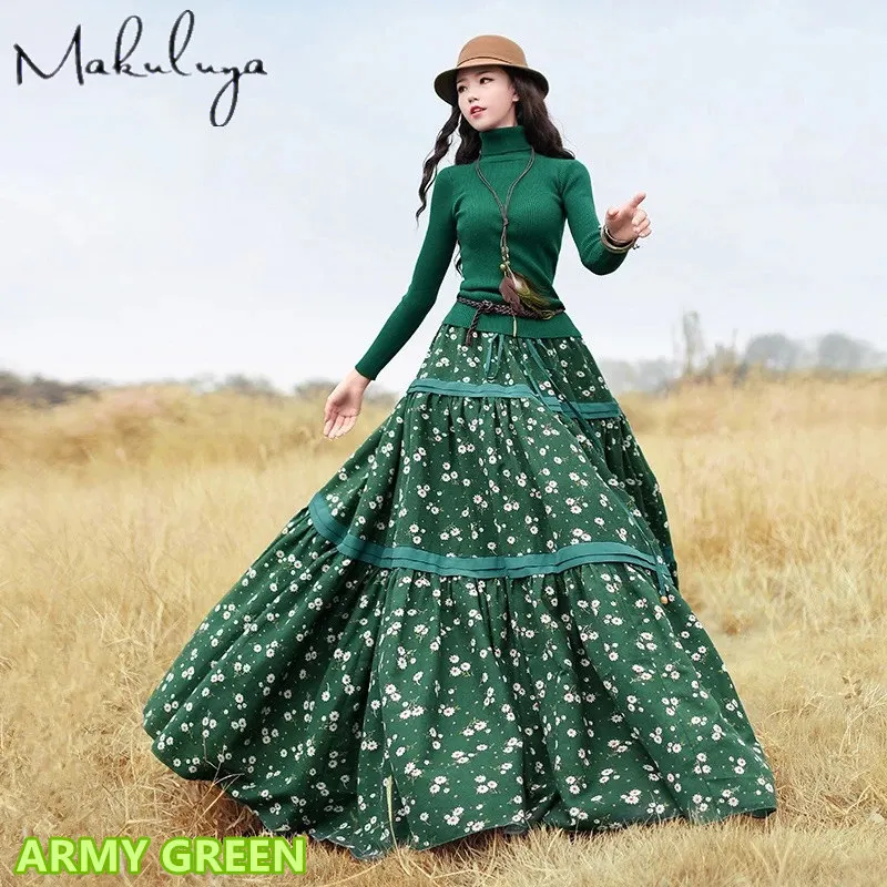 ARMY GREEN Makuluya женские богемные шикарные сельские длинные юбки для девочек с цветочным принтом хлопок цветок Весна Осень Зима Лето Женский L6 - Цвет: ARMY GREEN