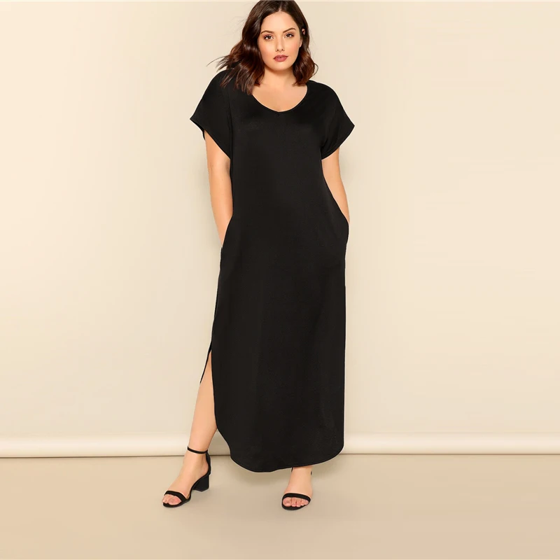 SHEIN, платье макси размера плюс, черное, с косым карманом, M-Slit Hem,, женское летнее Повседневное платье с карманами и v-образным вырезом, с коротким рукавом, однотонное, длинное, Dreeses