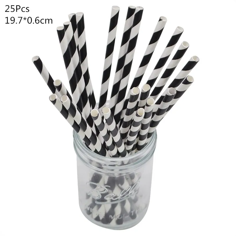 25pcs black straws 1 Набор, вечерние гирлянды в виде мультяшных животных панды, фольгированные шары, полосатые соломинки, конфетный мешок, Топпер для торта, посуда, украшение для детского душа - Цвет: 25pcs black straws