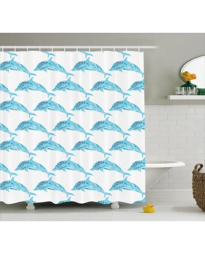 Sea Shower Curtain Aqua Dolphins With Leaves Print For BathroomFabric Washable Waterproof Rings | Дом и сад